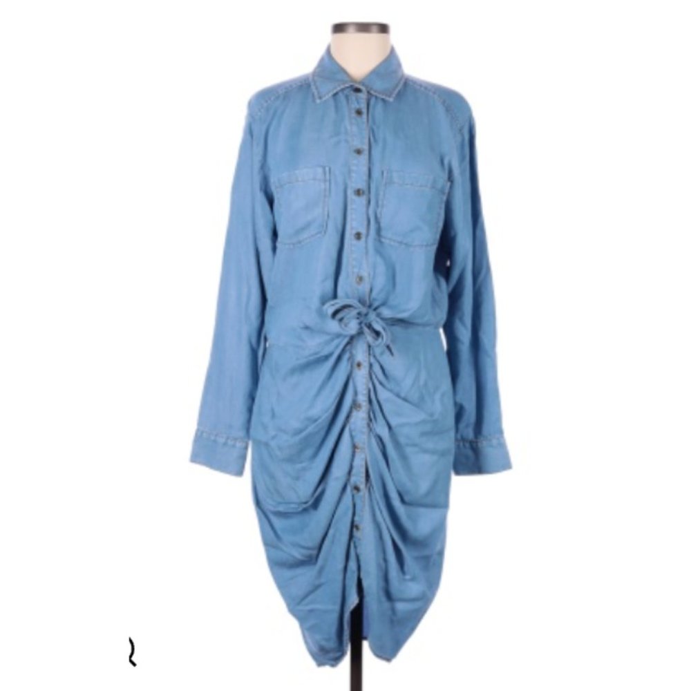 Button Down Long Sleeve Blue Chambray Shirt Dress - W by Worth